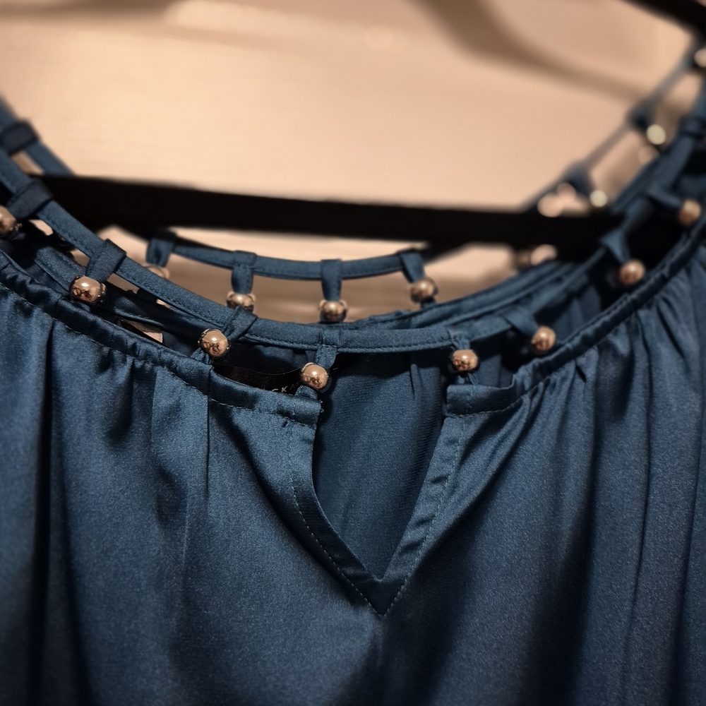 White House Black Market Teal Beaded Neck Blouse - Picture 2 of 3